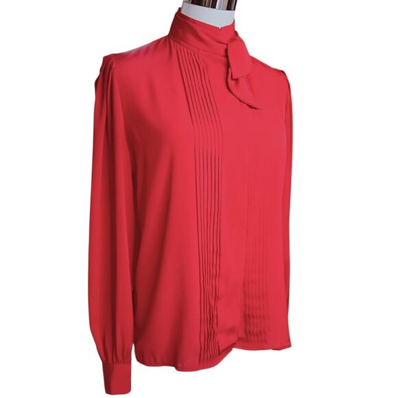 VINTAGE High Neck‎ Blouse Top 6 Pin Tucks Tie Red Dressy Career Office Holiday - Picture 3 of 9
